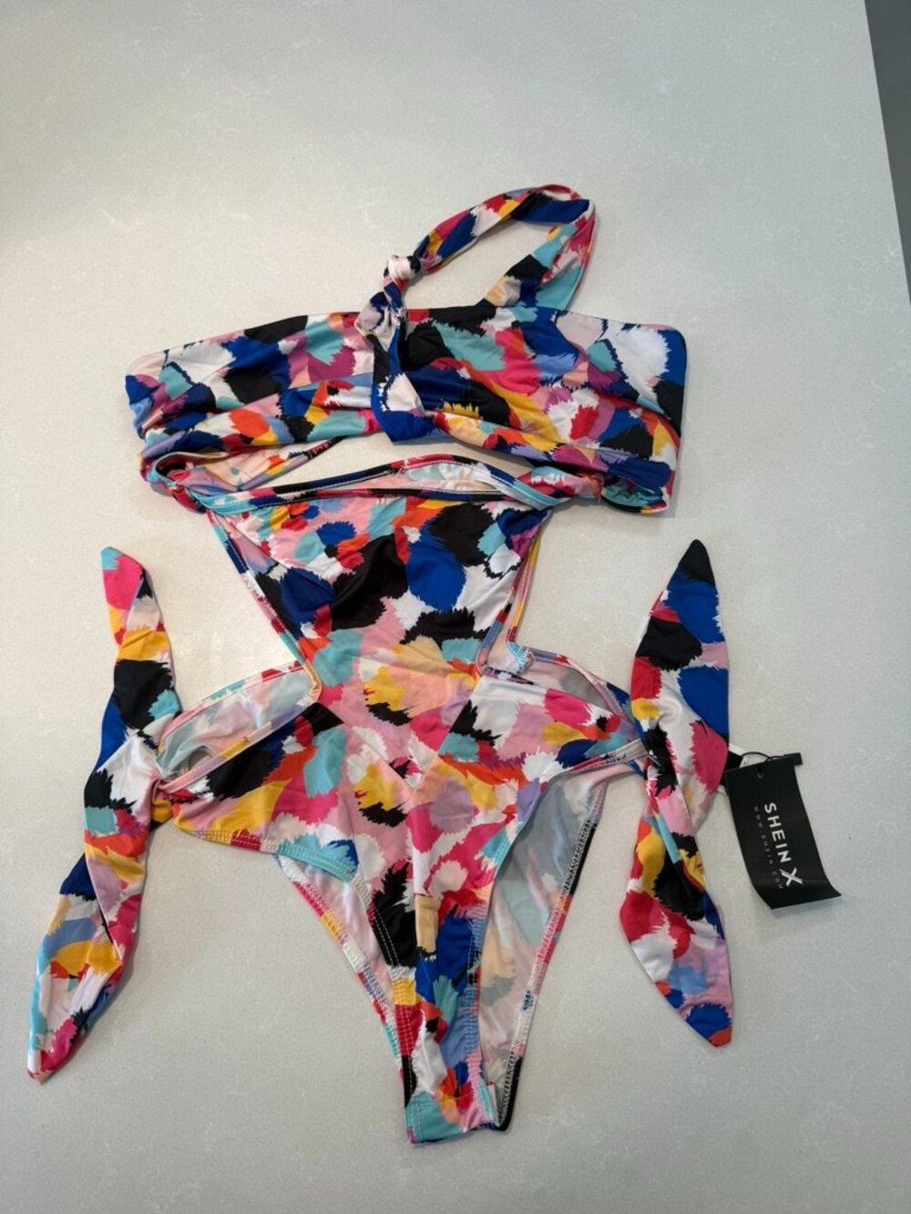 NWT Abstract Print Cutout Halter Bodysuit Multicolor Size Small - Picture 2 of 9